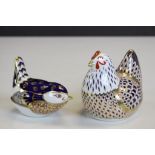 Two Royal Crown derby ceramic Paperweights with Gold stoppers to include a Wren and a Chicken,