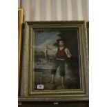 Gilt framed oil painting of Country Boy by stream with fishing rod and catch