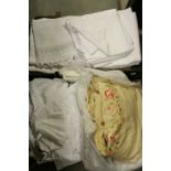 Two Trays of Vintage Linen Tablecloths and other Linen