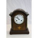 Edwardian Oak Mantle clock, key wind with Enamel Dial & Marquetry inlay, measures approx 30 x 24 x
