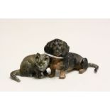 Vintage Cold Painted model of a Dachshund with Cat, approx 9.5cm across in total