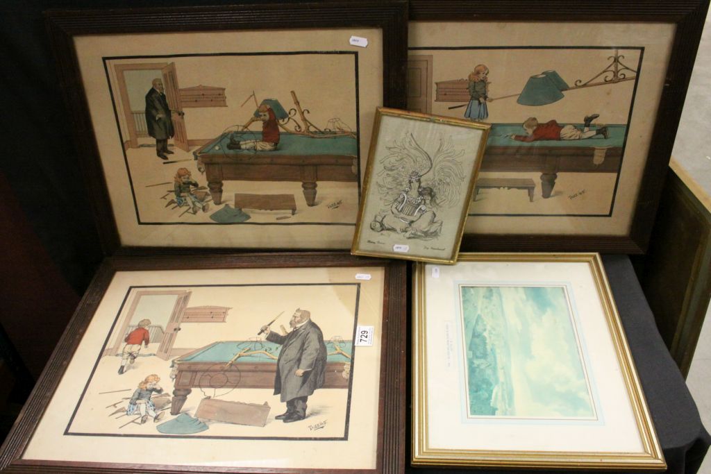 Three Early 20th century ' Tuss ' Billiard Room Humorous Prints, Oak Framed and Glazed together with