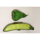 Two ceramic Trinket boxes with hinged Brass fittings, one designed as a Pea pod, the other a Pear