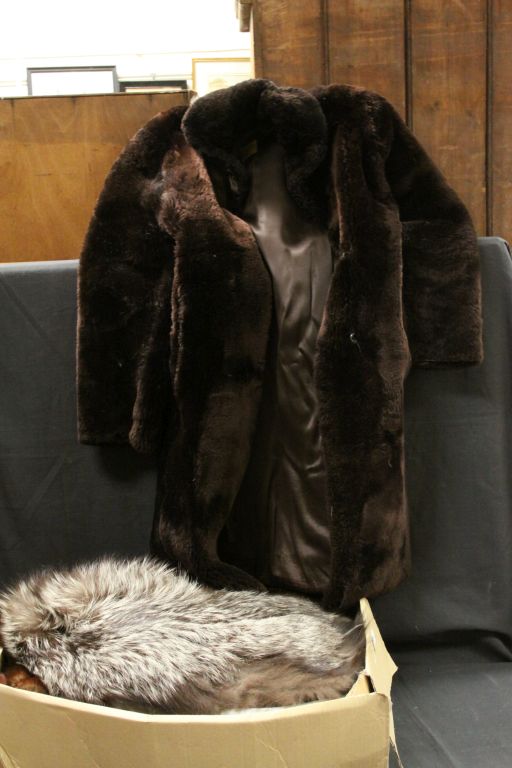 Mixed Lot including Fur and Faux Fur, Two Glass Light Shades, Wooden Candle Stand, Wooden Table