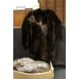 Mixed Lot including Fur and Faux Fur, Two Glass Light Shades, Wooden Candle Stand, Wooden Table