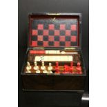 19th Century Walnut veneered Games Compendium with Bone Chess set, Dominoes, Draughts, playing cards