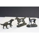 Cast vintage Brass model of a Pointer Dog, a bronzed Spelter Dog and a Spelter model of a Doe,