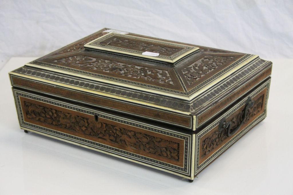 Asian carved Hardwood Sewing box with hinged lid, part fitted interior, Micro Mosaic type inlay