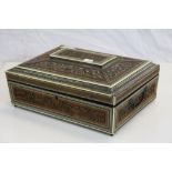 Asian carved Hardwood Sewing box with hinged lid, part fitted interior, Micro Mosaic type inlay