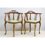 Pair of Edwardian Mahogany String Inlaid Corner Tub Chairs, each with Shaped Back, Carved Pierced
