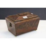 19th Century flame Mahogany veneered Sewing box, with stringing in Sarcophagus style with fitted