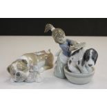 Lladro ceramic Bulldog with Kitten figurine & another of a Girl giving a Dog a Bath