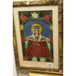 Oriental gilt framed oil painting depiction of a saintly female in floral garland