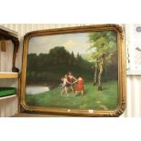 Oil Painting on Canvas depicting Three Children playing by a River in a Landscape signed lower