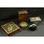 Three Early Advertising Biscuit Tins with a Ceramic Purse Money Box and a Brass Box
