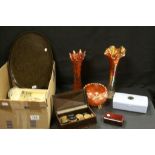 Mixed Lot including Bakelite Items, Bakelite Box with Draughts, Two Ivorex Relief Wall Plaques and