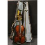 Cased Violin and Bow with label to interior of Violin ' Sam Grierson maker Wishaw 1930 '