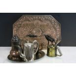 Mixed Lot of Metalware including Copper Kettle, Persian Style Pierced Coppered Tray, Brass Blow