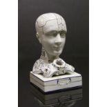 19th Century Phrenology head ceramic Inkwell, approx 13.5 x 8 x 7.5cm and marked to front "By F