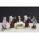 Four 19th Century German Porcelain Animal Musicians with Blue Scissors marks to base, tallest approx