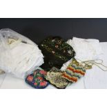 Bag of mixed vintage Fabrics etc to include Lace, Clutch bags, Embroidered Table cloth etc