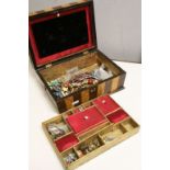 Vintage Walnut & Rosewood Sewing box with a small collection of vintage Costume jewellery, & part