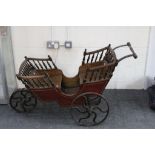 Unusual Wooden Child's Push-along Child's Cart with Two Seats, Spindle Gallery Rail and Three Iron