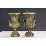 Pait of twin handled Gilt painted Plaster Urn type vases with Pan, Cherub type decoration in relief,