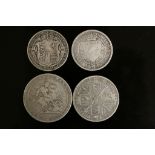 Four vintage UK Silver coins to include an 1819 Crown, 1890 Double Florin, 1896 Half Crown, 1914