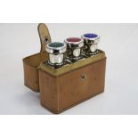 Vintage Set of Three Glass Scent / Spirit Bottles with stoppers, the lids set with green, blue and