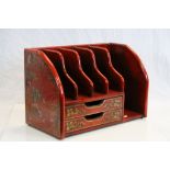 Oriental Style Red Lacquered Table Top Stationery Rack with Two Drawers, 46cms wide x 30cms high