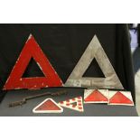 Two Large Metal Triangle Warning Signs marked Royal Label Factory, 40cms high together with Four