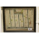 Hegarth framed John Ogilby strip map with cartouche, Salisbury to Camden (other map on verso)