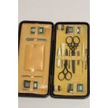 Vintage Leather cased Sewing set with Scissors, thimbles, needles etc, box approx 28 x 12.5cm