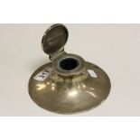 Hallmarked Silver Capstan Inkwell with hinged lid and Ceramic liner, approx 14.5cm diameter across