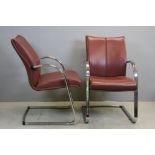 Pair of Leather Cantilever Elbow Chairs on Chrome Stands