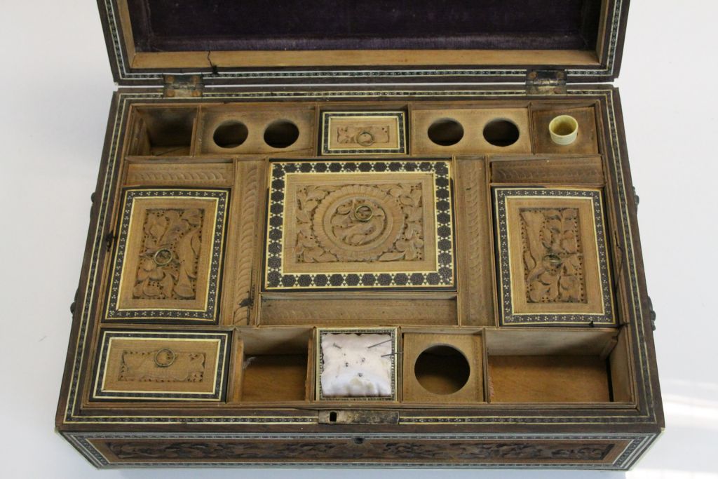 Asian carved Hardwood Sewing box with hinged lid, part fitted interior, Micro Mosaic type inlay - Image 4 of 7