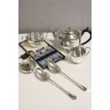 Small group of vintage Silver plated items to include a Teapot, cased Coffee spoons, pair of serving