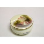 Royal Worcester hand painted Ring pot with Lid, decorated with romantic Castle scene, pot approx 6.