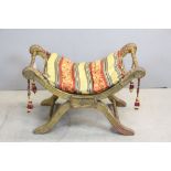 19th century Carved Giltwood X-Frame Stool with Upholstered Seat and Cushion, 78cms long x 48cms