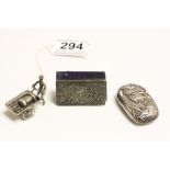 Small white metal Vesta with Oriental style Kingfisher design, approx 4.5 x 2.5 x 1cm, an Art