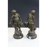 Pair of 19th century Spelter Figures of Boy carrying Apples and Girl carrying Milk Pail, 46cms high