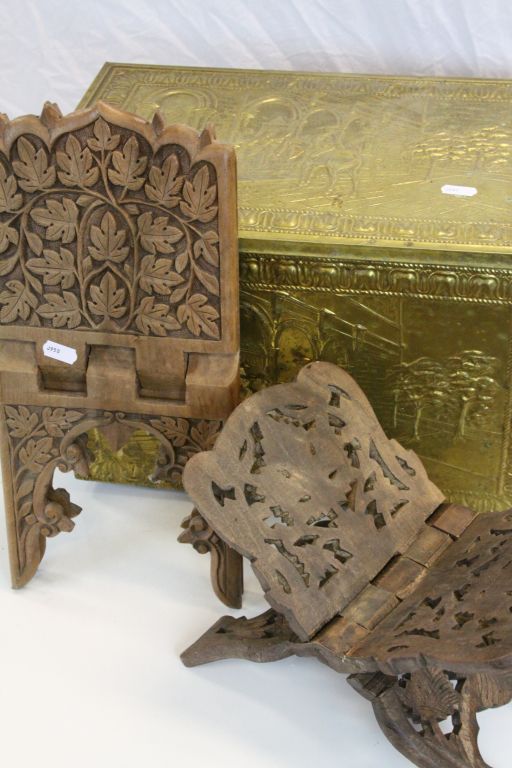 Embossed Brass covered Wooden Log box and four Asian Wooden items to include Boxes - Image 4 of 4