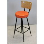 Retro Bar Stool with Plywood Back Rest, Orange Vinyl Upholstered Seat and Black Metal Base, 88cms