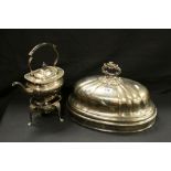 Large 19th century Silver Plated Cloche, 45cms long together with Silver Plated Spirit Kettle on