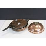 Antique Copper Circular Foot Warmer and a Copper Twin Handled Pan and a Copper Lid with Iron Handle