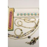 Two Kenneth Lane necklaces, vintage pink Glass bracelet with box, Costume jewellery earrings etc