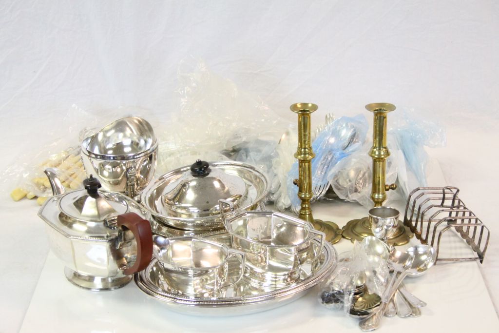 Collection of vintage Silver plate etc to include Tea set, Cutlery & a pair of Brass candlesticks