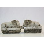 Pair of 19th Century recumbent Lions in reconstituted Marble, each approx 30 x 19 x 9cm