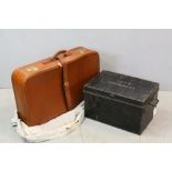 Victorian Black Metal Box and Jdeha Brown Leather Suitcase with Cloth Cover